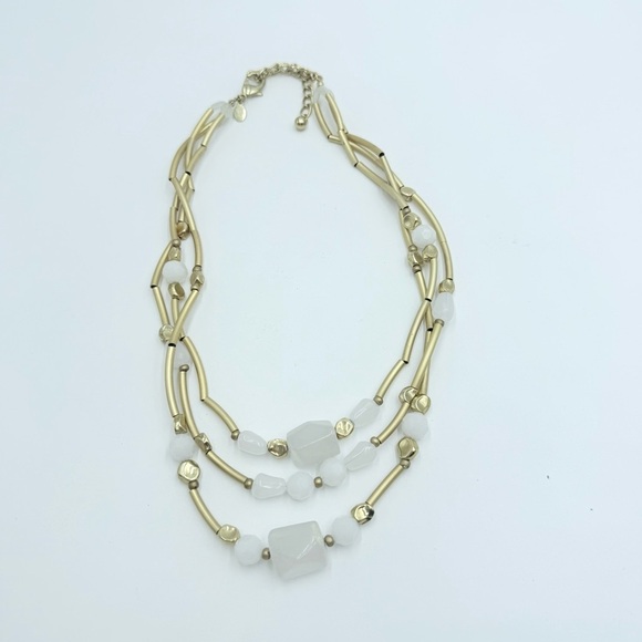 Chico’s Layered Matte Gold-Tone Necklace with Milky Quartz & Wavy Tube Chain - Picture 3 of 7